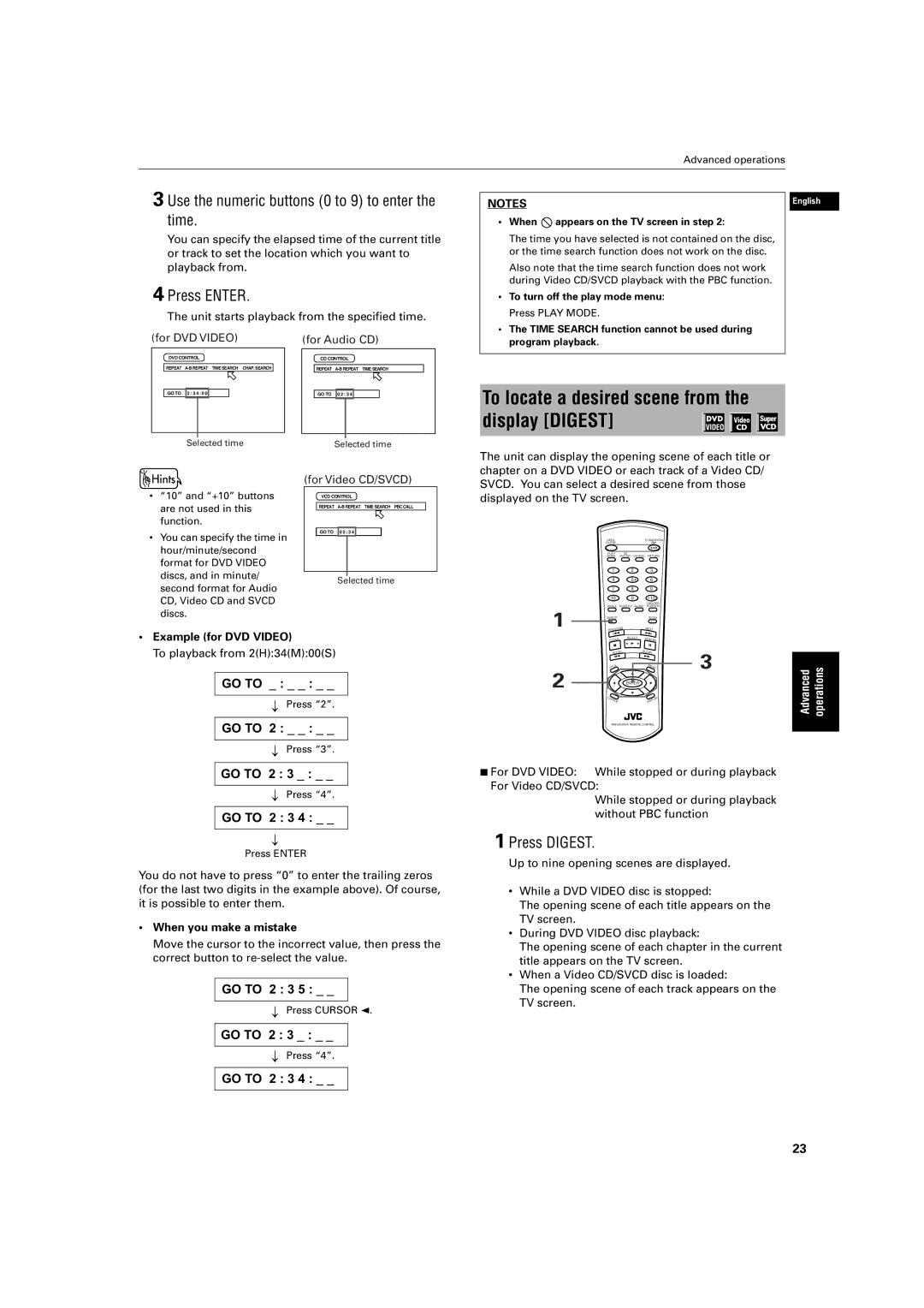 JVC XV-S200 manual To locate a desired scene from the display Digest, Use the numeric buttons 0 to 9 to enter the time 