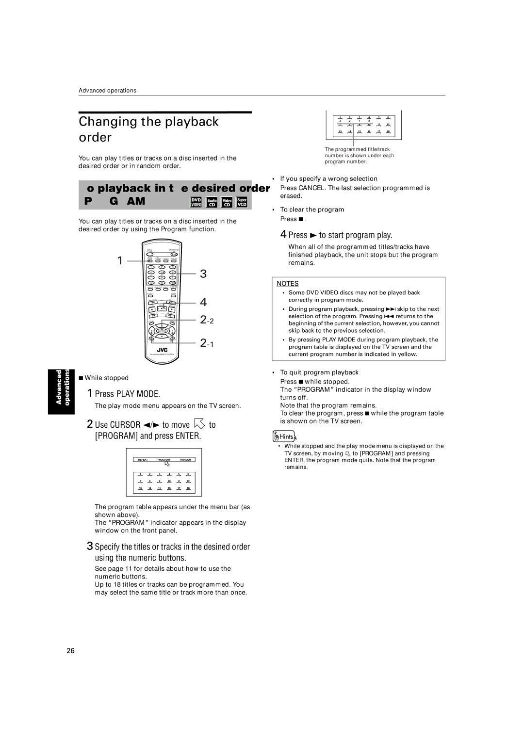 JVC XV-S200 manual Changing the playback order, To playback in the desired order Program, Press 3 to start program play 