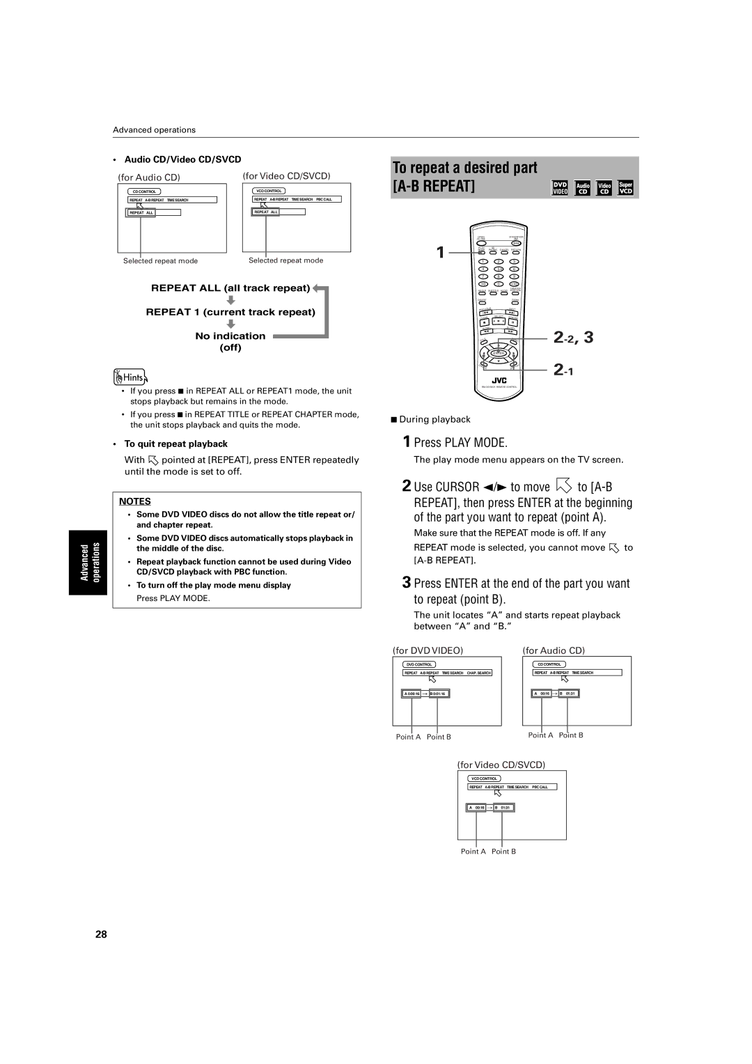 JVC XV-S200 manual To repeat a desired part A-B Repeat, Audio CD/Video CD/SVCD For Audio CD For Video CD/SVCD 