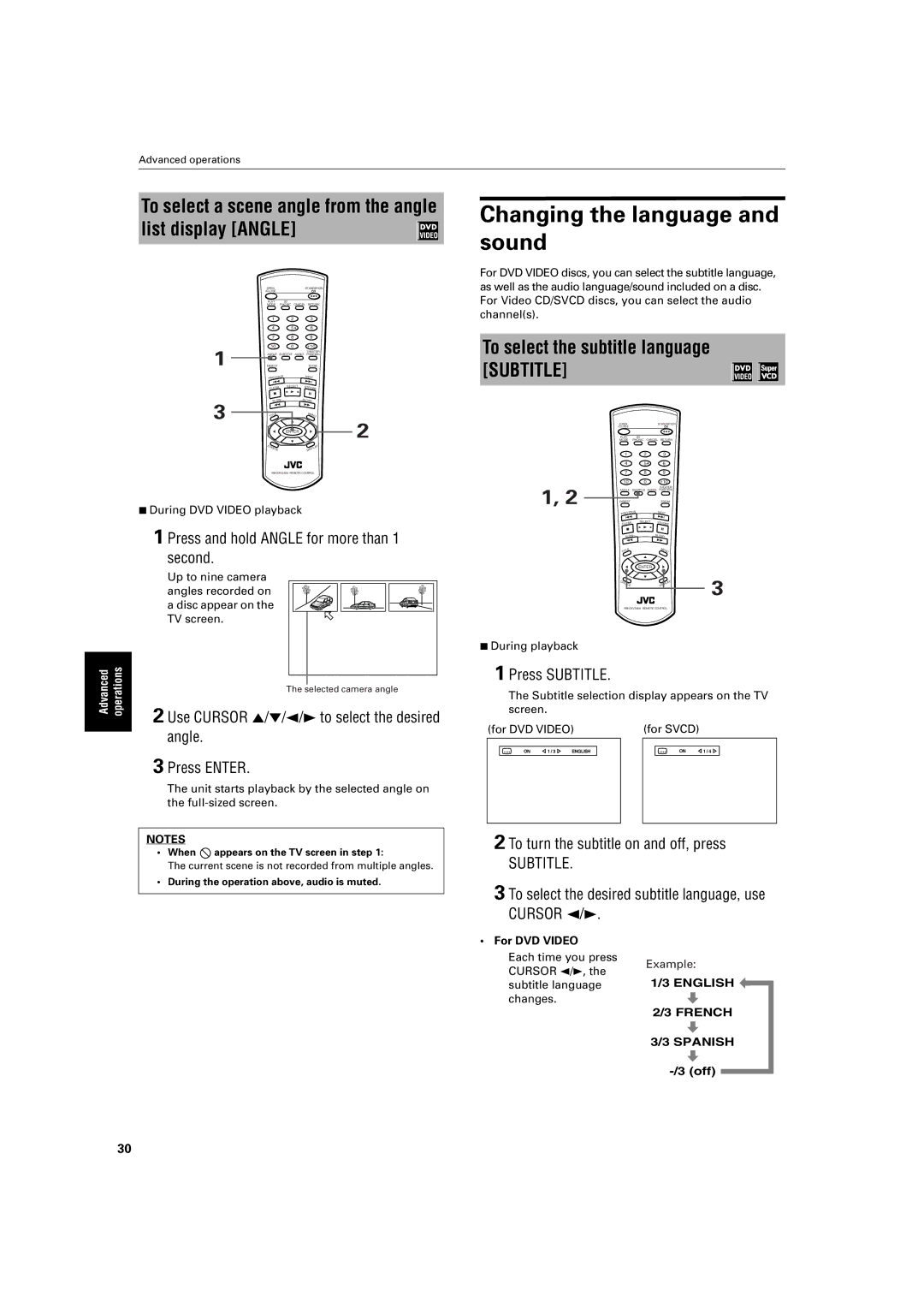 JVC XV-S200 manual Changing the language and sound, List display Angle, To select the subtitle language Subtitle 