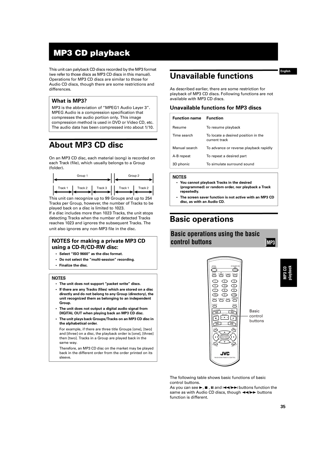 JVC XV-S200 manual MP3 CD playback, About MP3 CD disc, Unavailable functions, Basic operations 