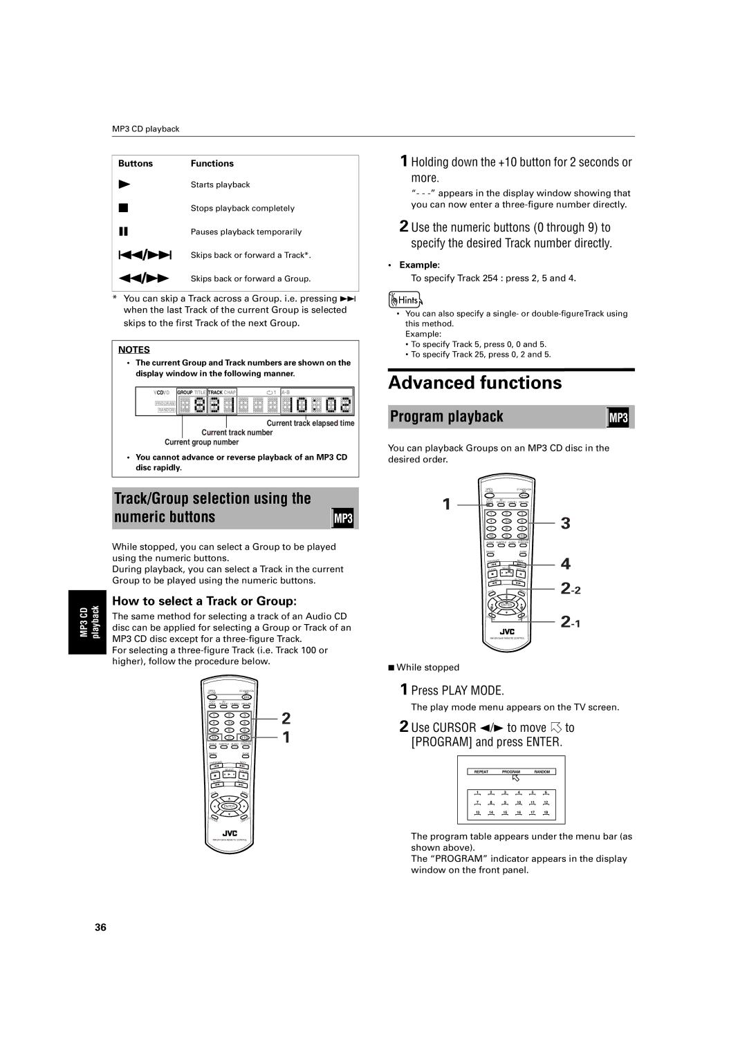 JVC XV-S200 manual Advanced functions, Track/Group selection using the numeric buttons, Program playback 