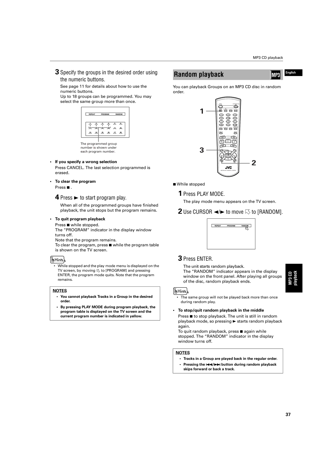 JVC XV-S200 manual You can playback Groups on an MP3 CD disc in random, Order, Disc, random playback ends 