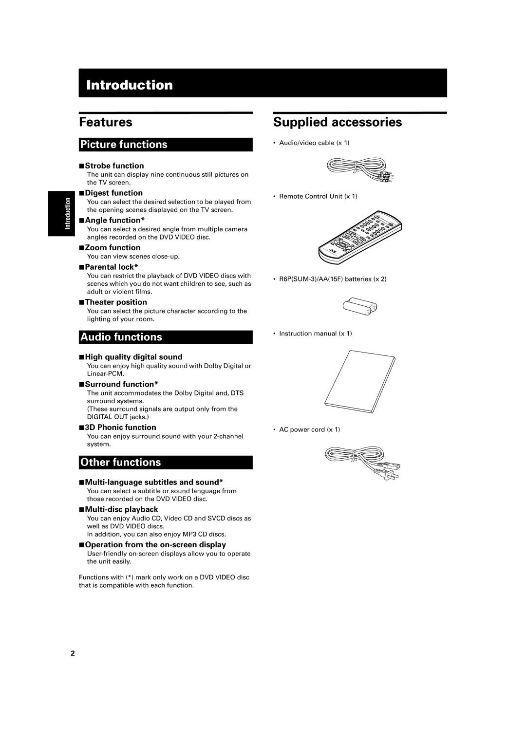 JVC XV-S200 manual Introduction, Features, Supplied accessories 