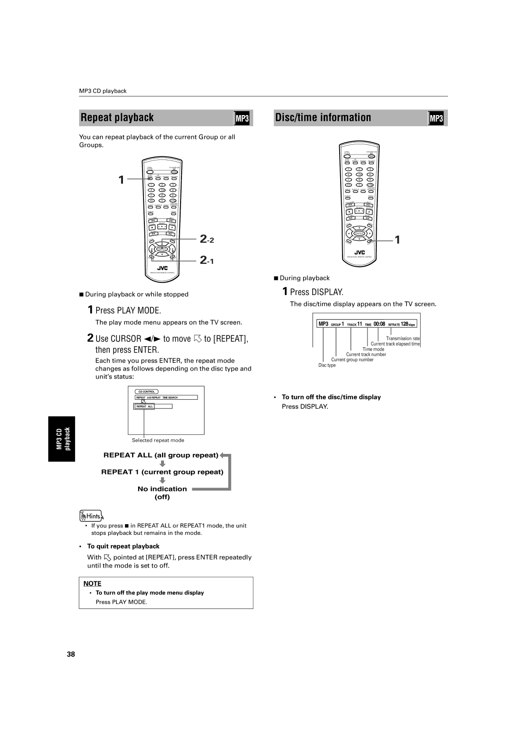 JVC XV-S200 manual Repeat playback, Disc/time information, Use Cursor 2/3 to move to REPEAT, then press Enter 