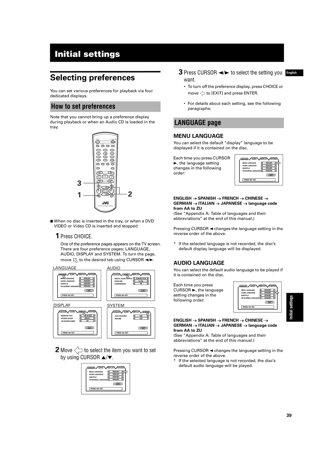 JVC XV-S200 manual Initial settings, Selecting preferences, How to set preferences, Language, Press Choice 
