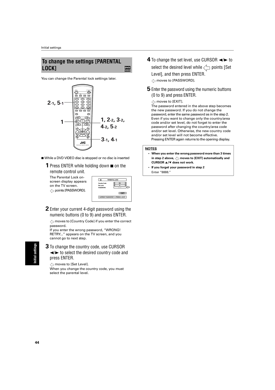 JVC XV-S200 manual To change the settings Parental Lock, Press Enter while holding down 7 on the remote control unit 