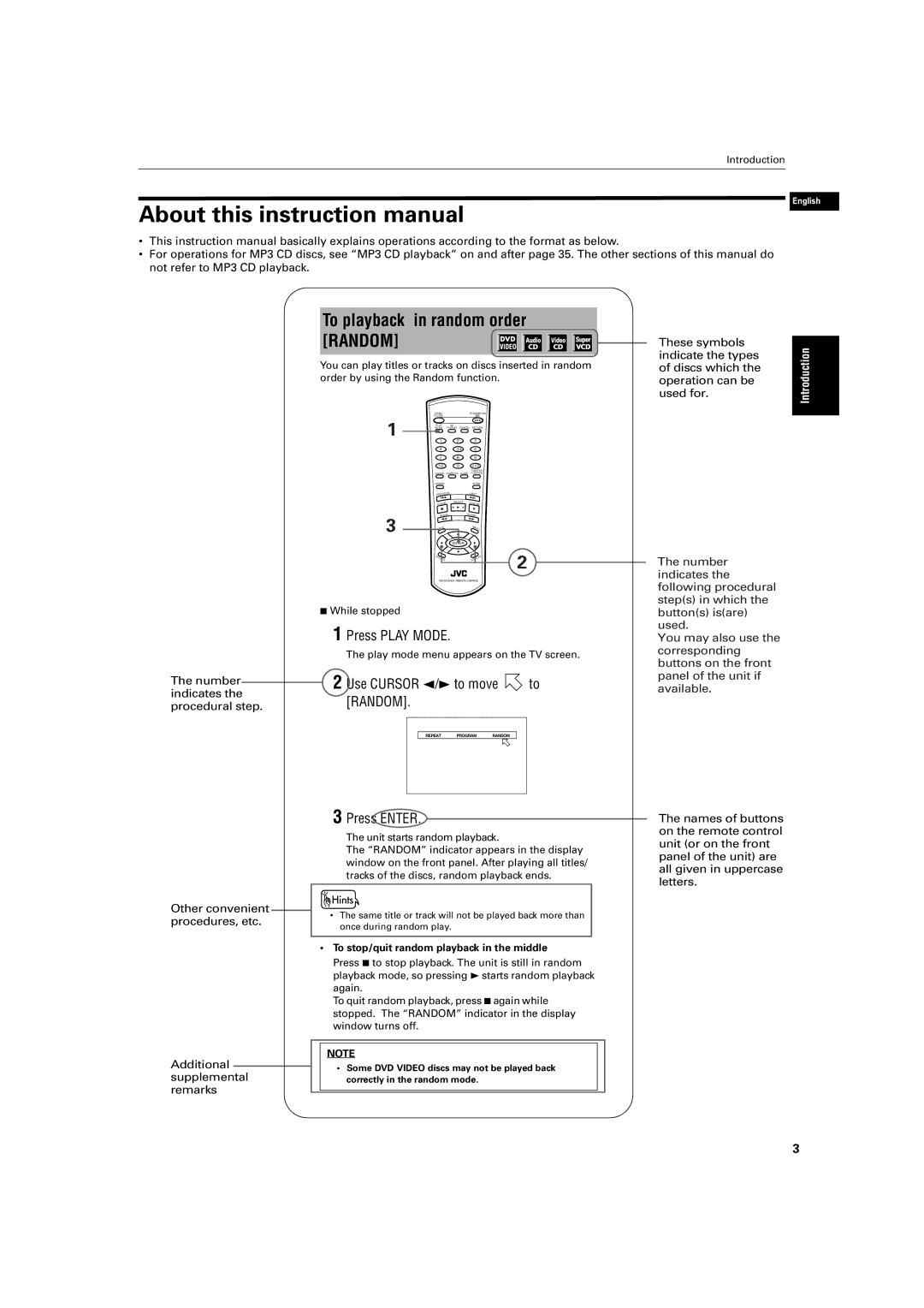 JVC XV-S200 manual Other convenient procedures, etc, To stop/quit random playback in the middle 