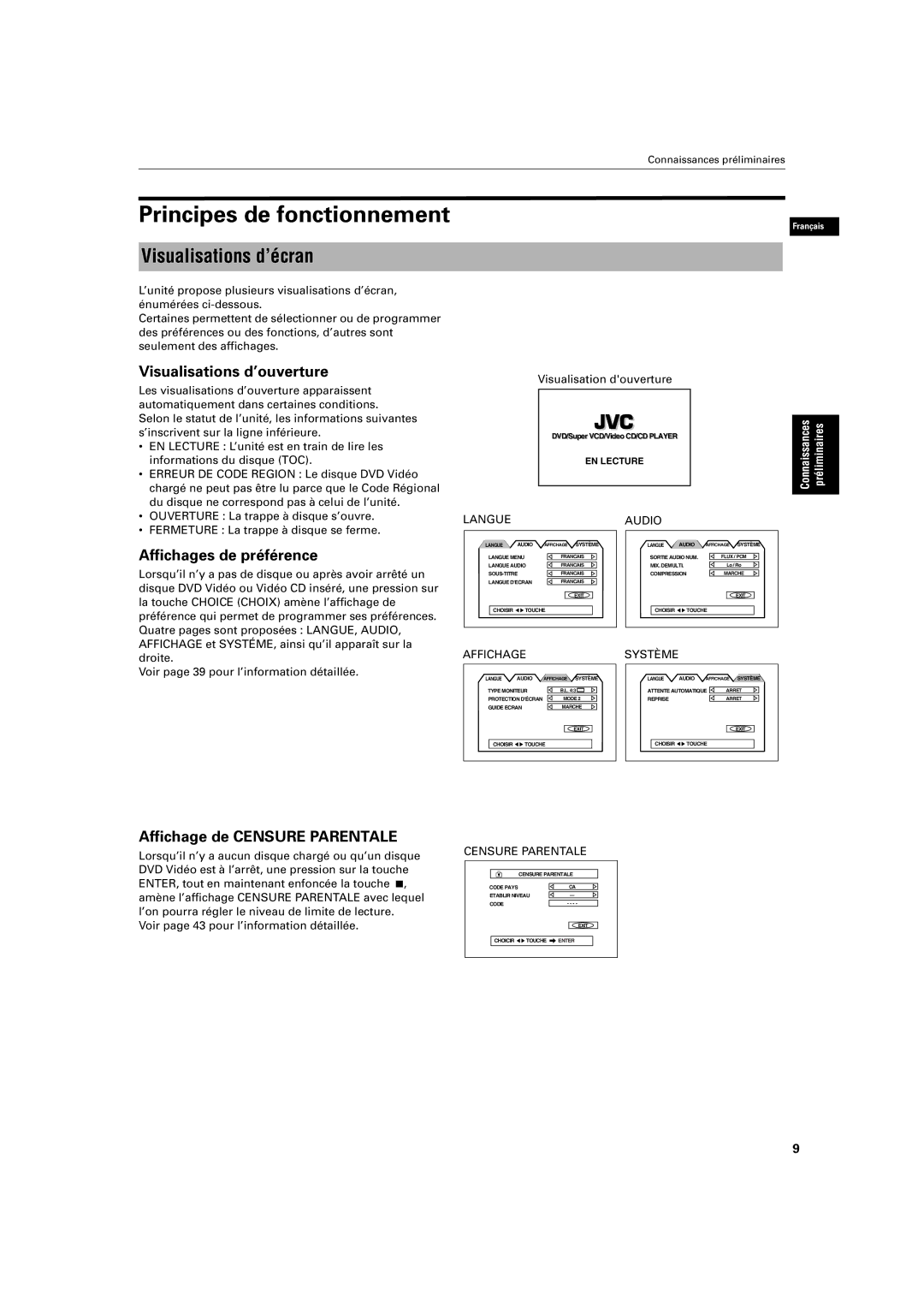 JVC XV-S200 Principes de fonctionnement, Visualisations d’écran, Visualisations d’ouverture, Affichages de préférence 