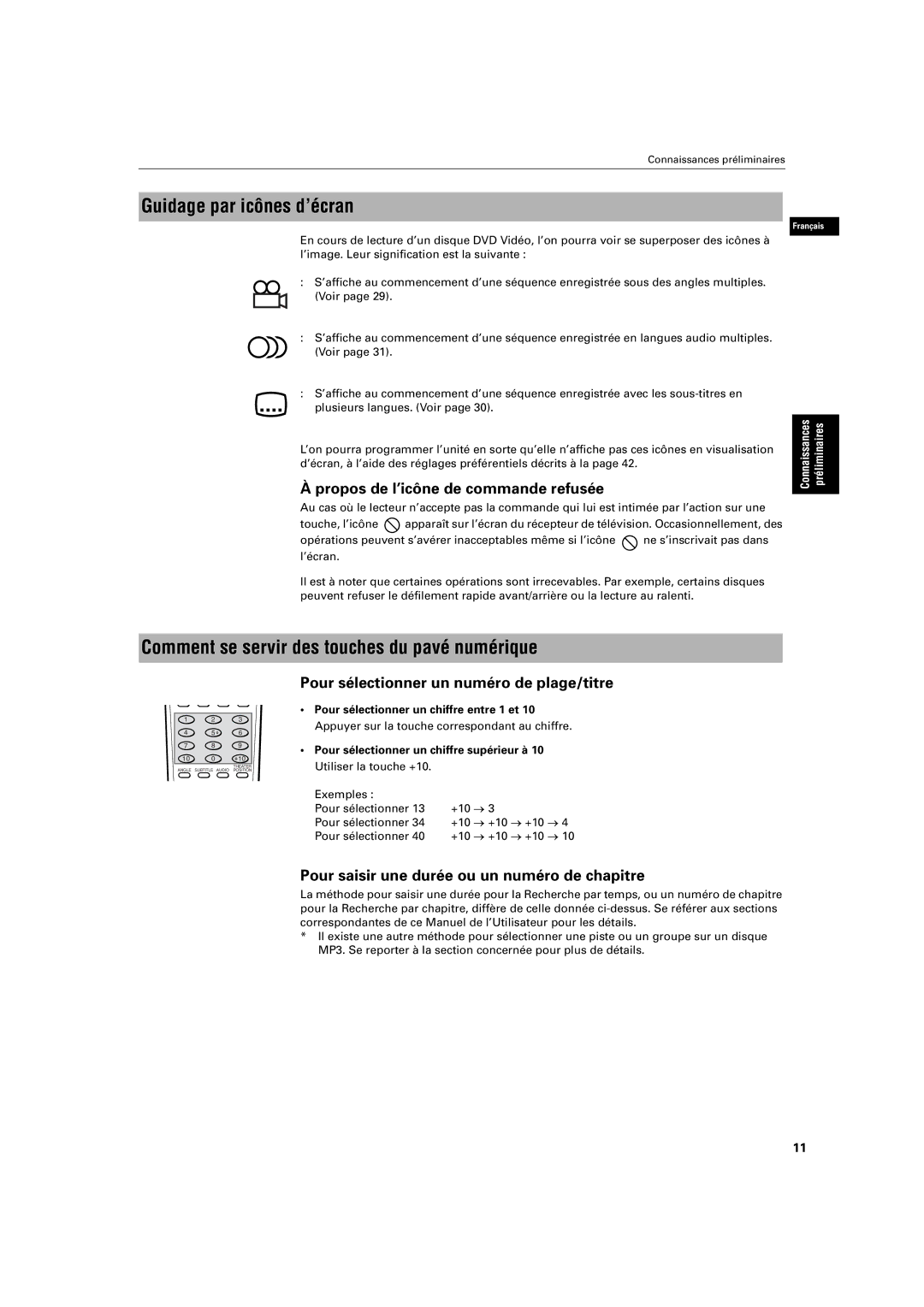 JVC XV-S200 manual Guidage par icônes d’écran, Comment se servir des touches du pavé numérique 