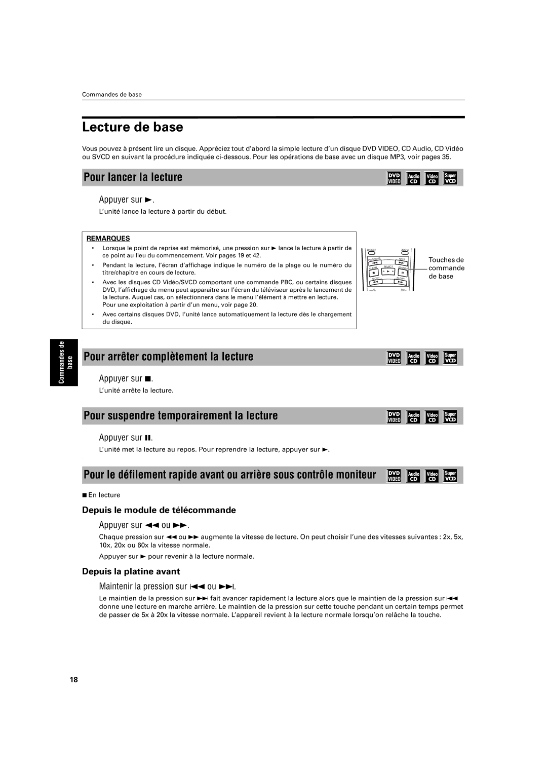 JVC XV-S200 manual Lecture de base, Pour lancer la lecture, Pour arrêter complètement la lecture 