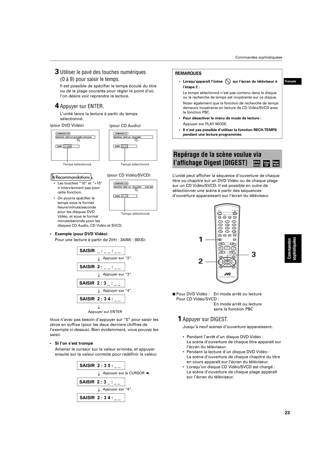 JVC XV-S200 manual Appuyer sur Digest, Pour DVD Vidéo Pour CD Audio, Pour CD Vidéo/SVCD, Exemple pour DVD Vidéo 