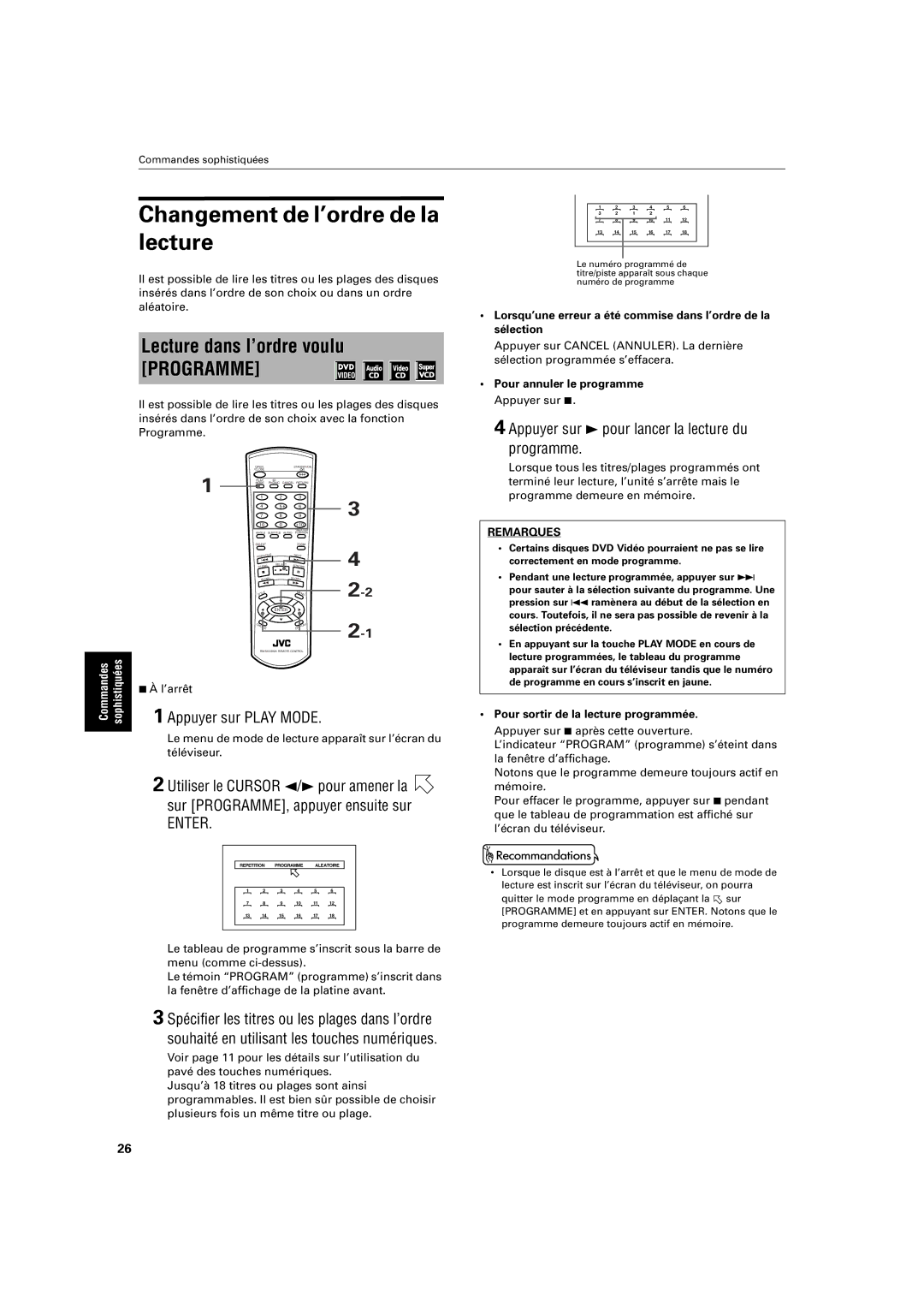 JVC XV-S200 manual Changement de l’ordre de la lecture, Lecture dans l’ordre voulu, Pour annuler le programme Appuyer sur 