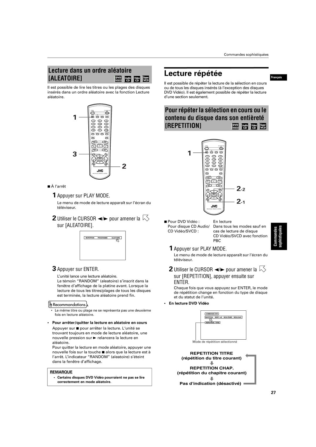 JVC XV-S200 Lecture répétée, Lecture dans un ordre aléatoire, Utiliser le Cursor 2/3 pour amener la sur Aleatoire, L’arrêt 