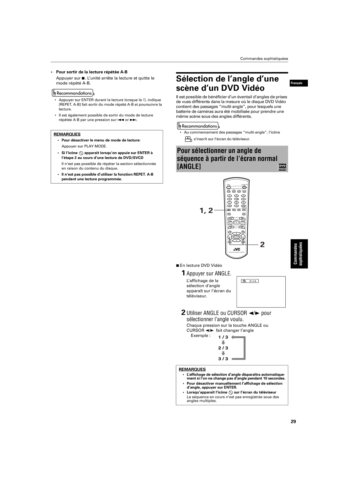 JVC XV-S200 Sélection de l’angle d’une, Scène d’un DVD Vidéo, Appuyer sur Angle, Pour sortir de la lecture répétée A-B 