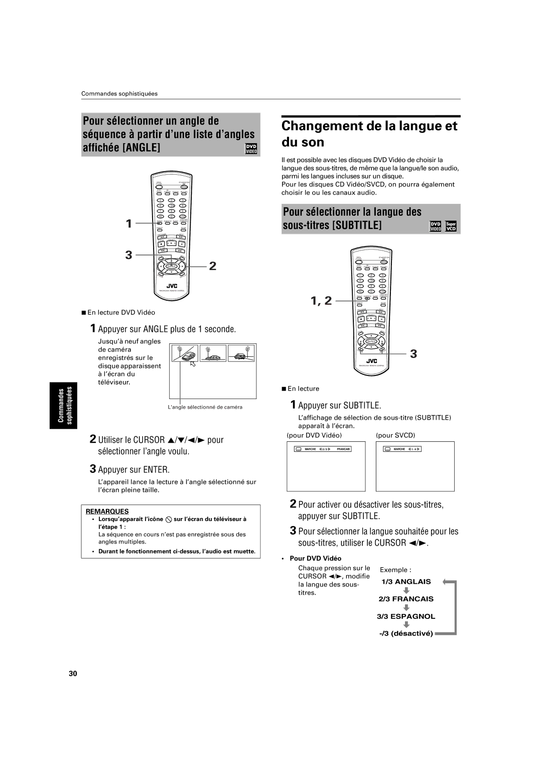 JVC XV-S200 manual Changement de la langue et du son, Pour sélectionner un angle de, Appuyer sur Angle plus de 1 seconde 