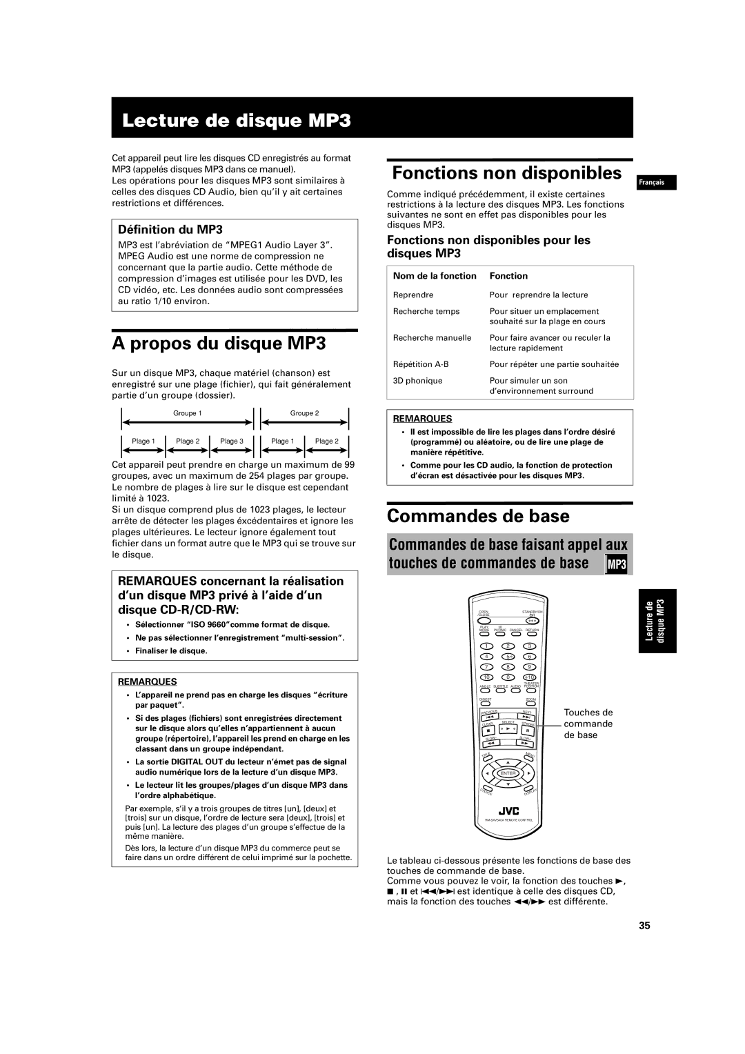 JVC XV-S200 manual Lecture de disque MP3, Propos du disque MP3, Fonctions non disponibles, Commandes de base 