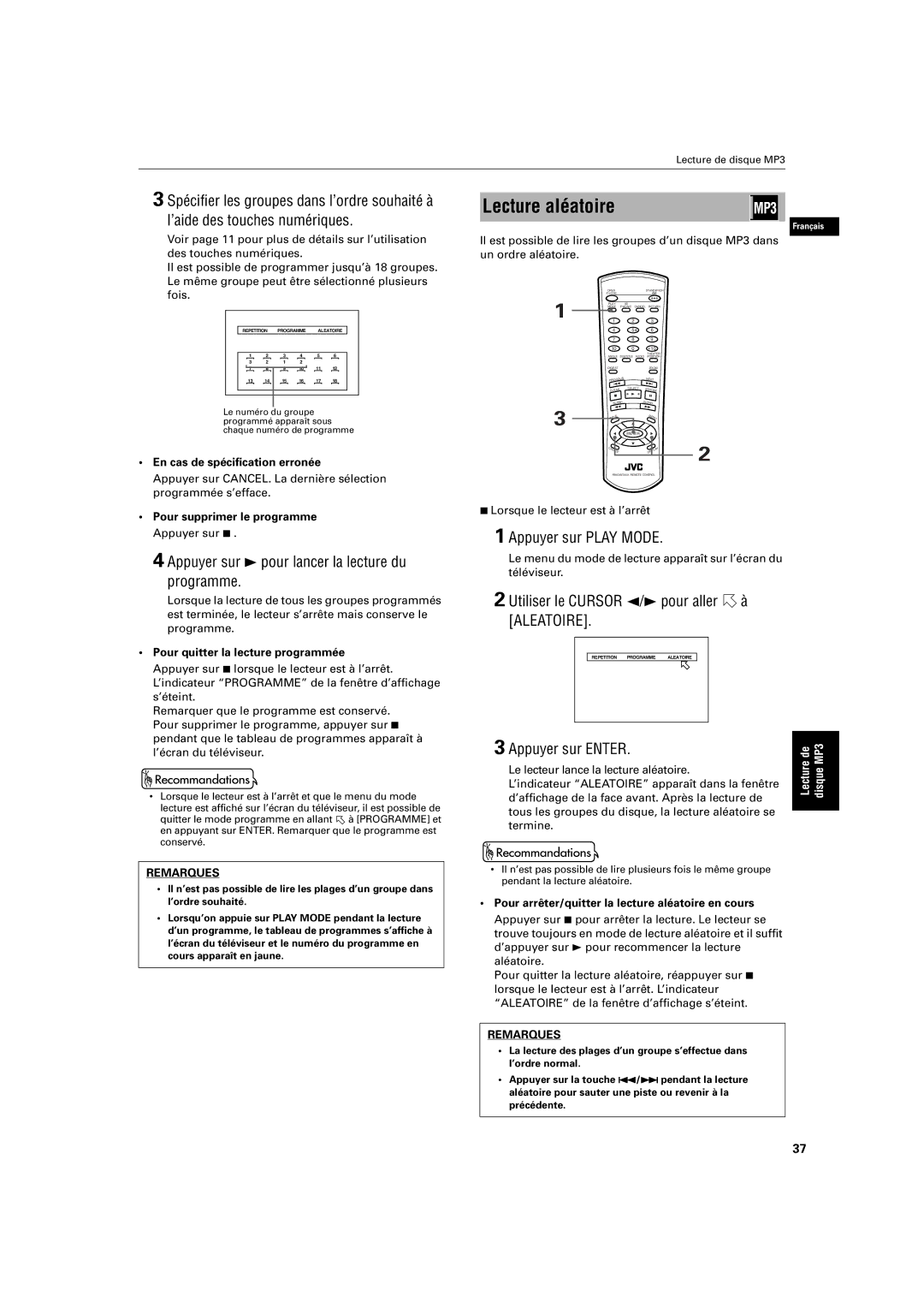 JVC XV-S200 manual Lecture aléatoire, Utiliser le Cursor 2/3 pour aller à Aleatoire, En cas de spécification erronée 