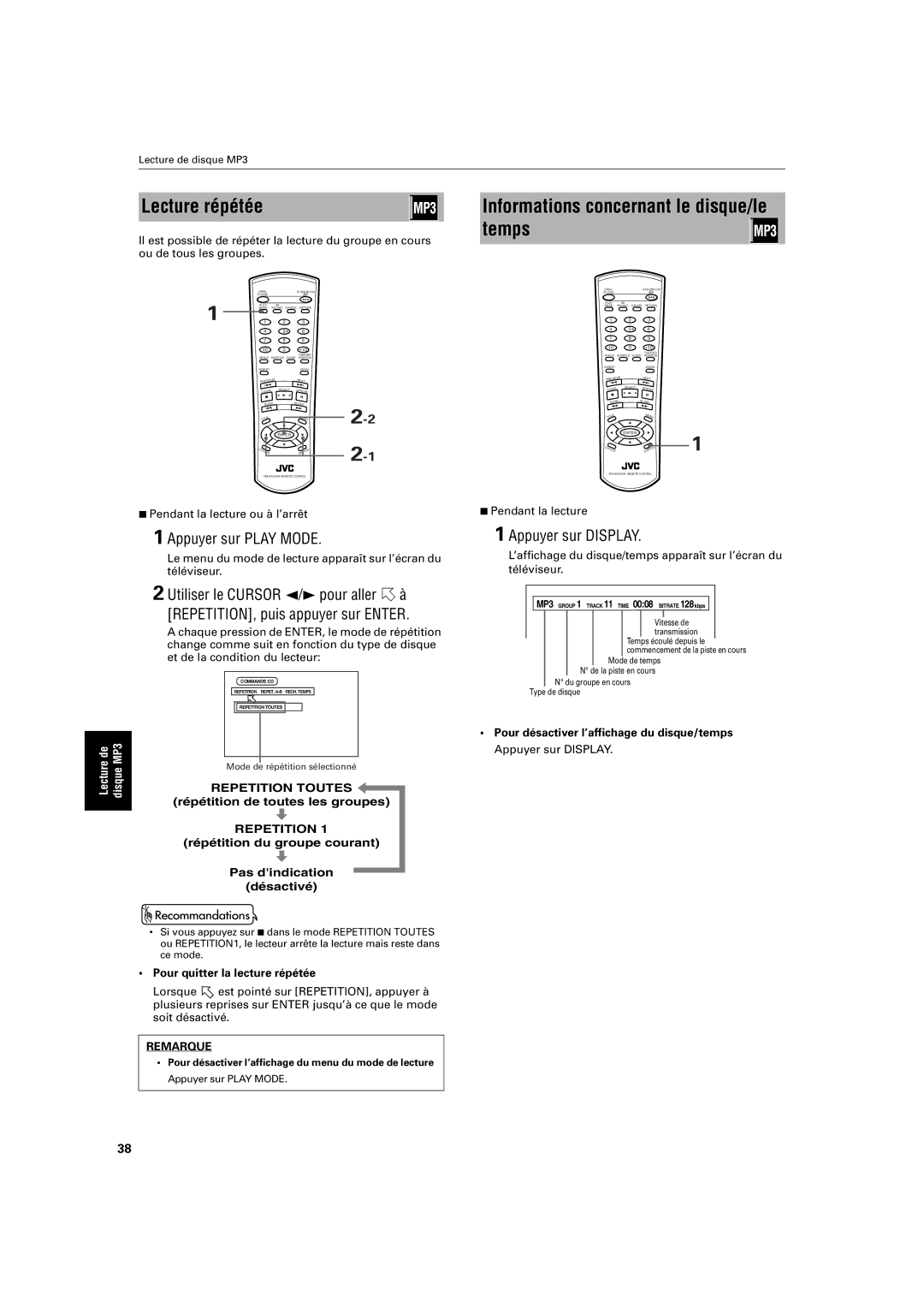 JVC XV-S200 manual Lecture répétée, Informations concernant le disque/le temps, Pour quitter la lecture répétée 