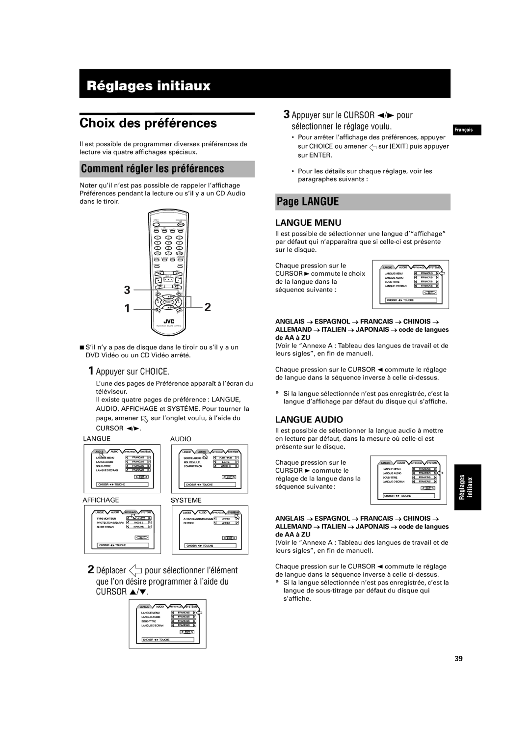 JVC XV-S200 manual Réglages initiaux, Choix des préférences, Comment régler les préférences, Langue 