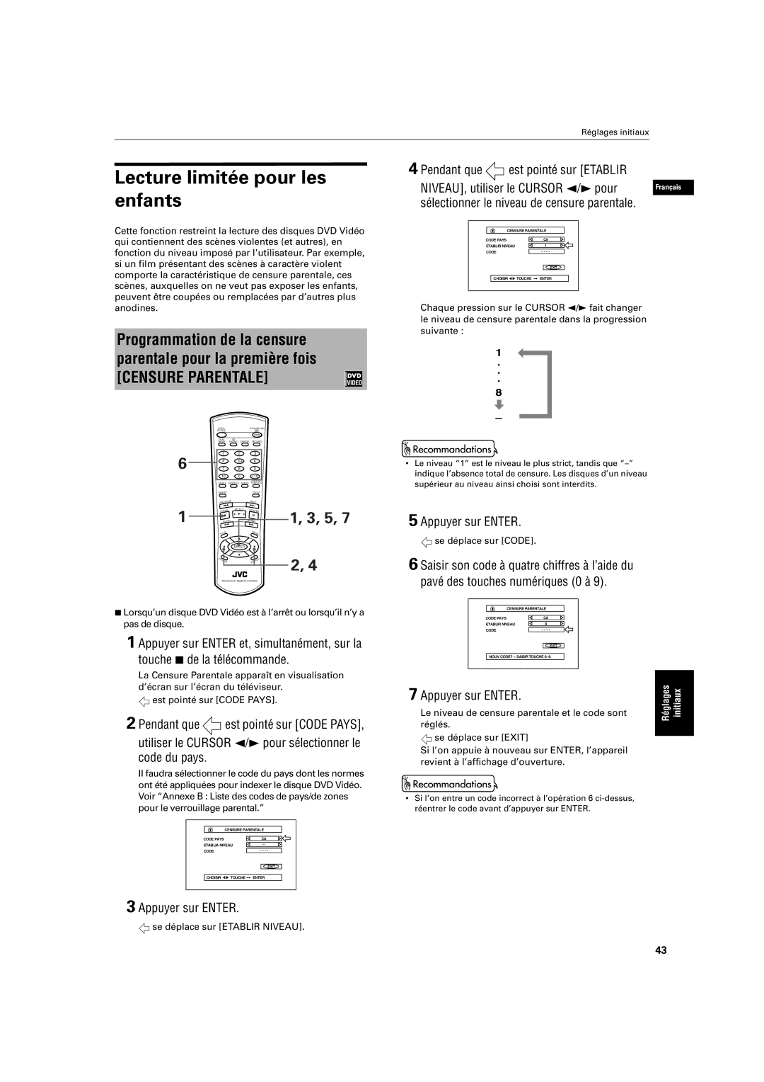 JVC XV-S200 manual Lecture limitée pour les enfants, Pendant que est pointé sur Code Pays, Est pointé sur Code Pays 