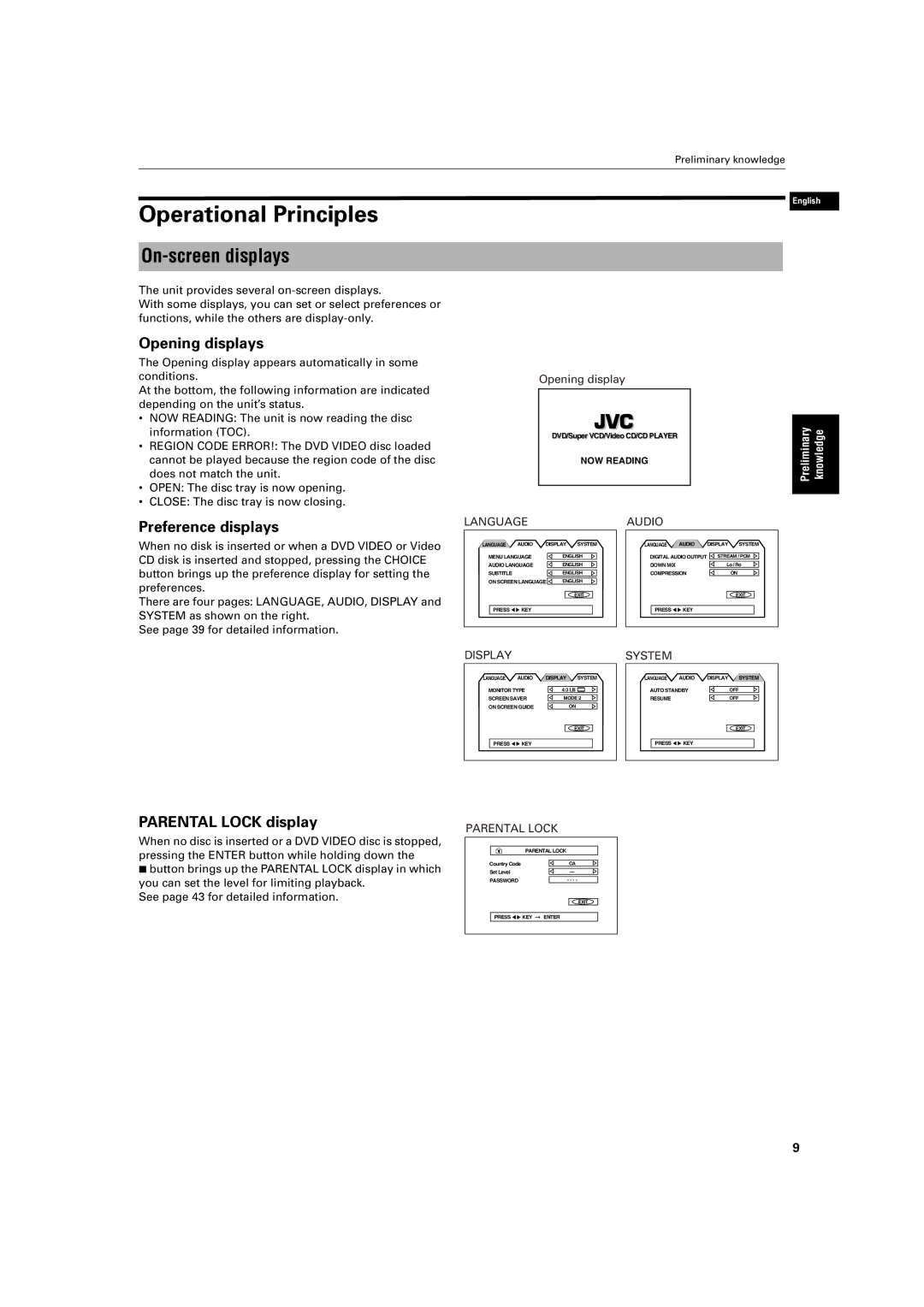 JVC XV-S200BK Operational Principles, On-screen displays, Opening displays, Preference displays, Parental Lock display 