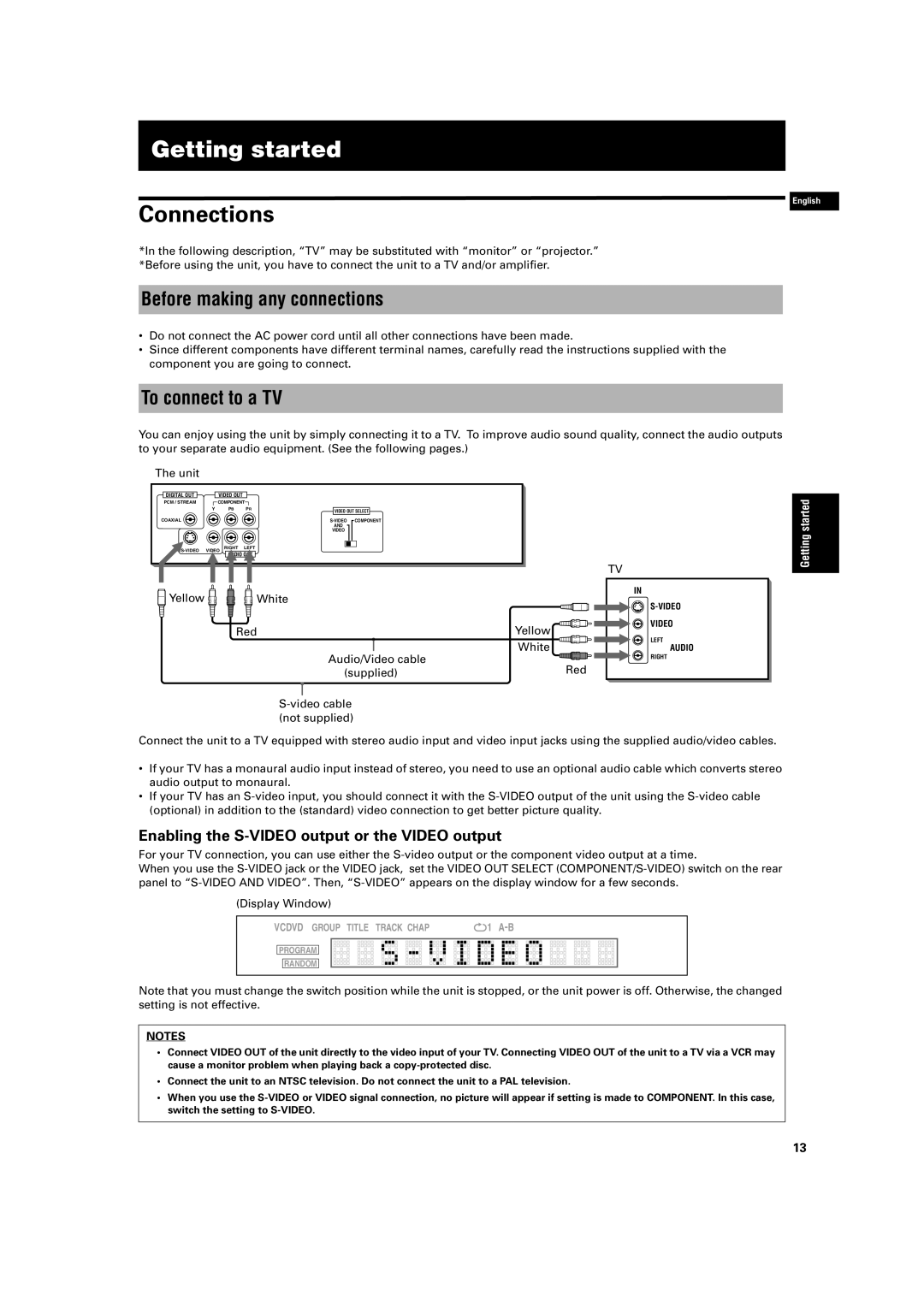 JVC XV-S200BK manual Getting started, Connections, Before making any connections, To connect to a TV 