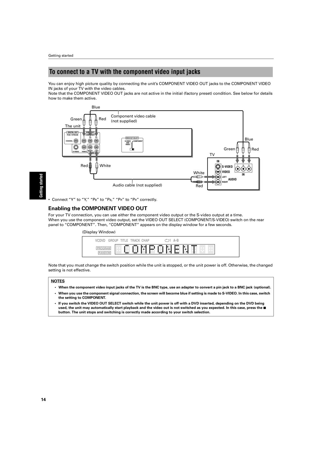 JVC XV-S200BK manual To connect to a TV with the component video input jacks, Enabling the Component Video OUT 