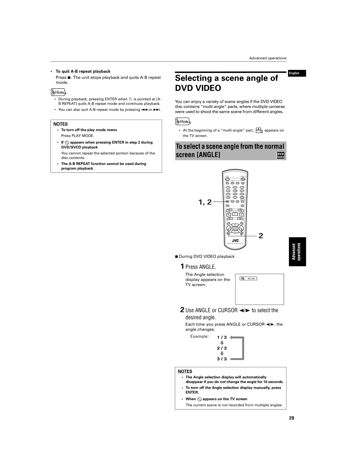 JVC XV-S200BK manual To select a scene angle from the normal screen Angle, Press Angle, To quit A-B repeat playback 