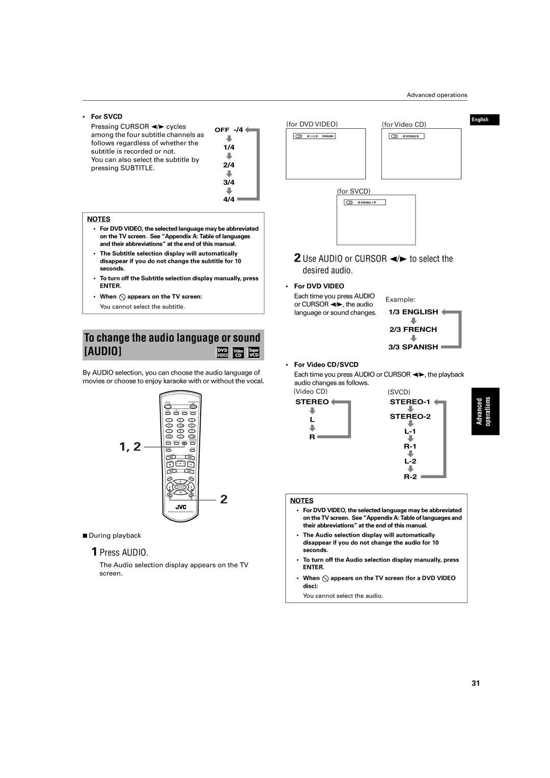 JVC XV-S200BK manual To change the audio language or sound Audio, Press Audio, Svcd 