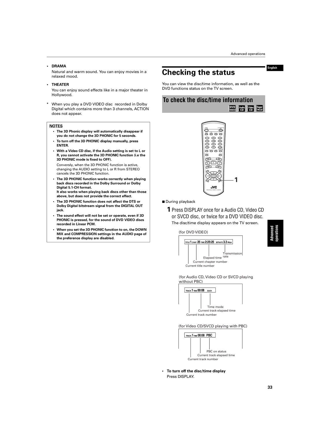 JVC XV-S200BK manual Checking the status, To check the disc/time information, Drama, Theater 