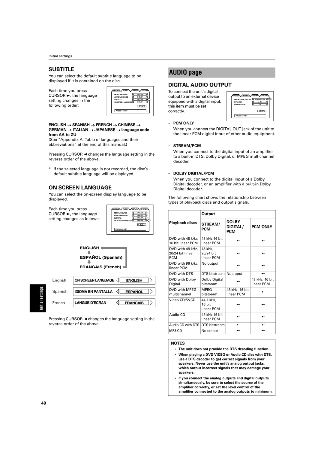 JVC XV-S200BK manual Audio, Stream/Pcm, Dolby DIGITAL/PCM, Stream Dolby Digital PCM only 