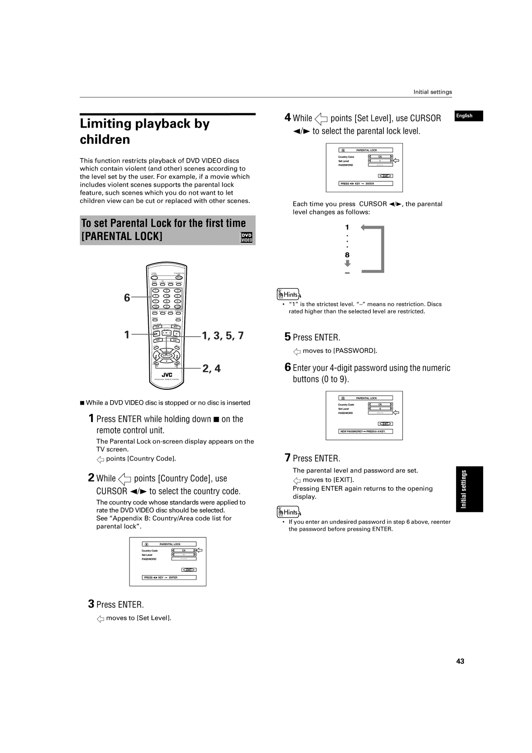 JVC XV-S200BK Limiting playback by children, To set Parental Lock for the first time, While Points Set Level, use Cursor 