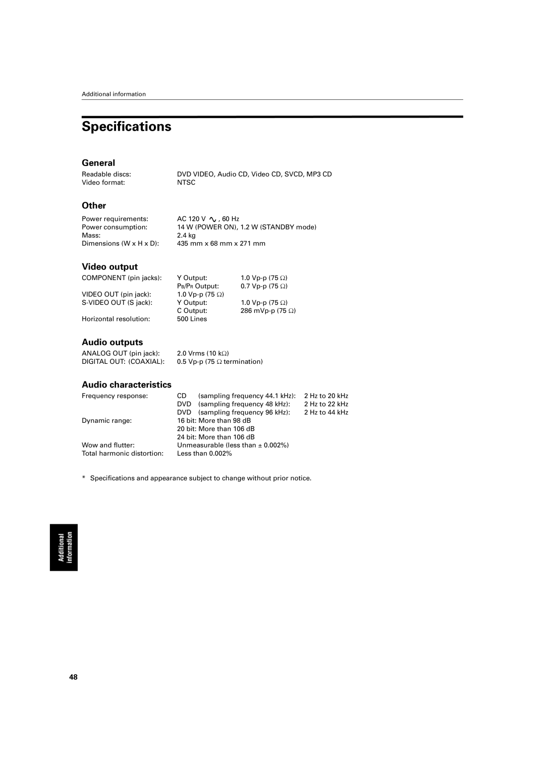 JVC XV-S200BK manual Specifications 