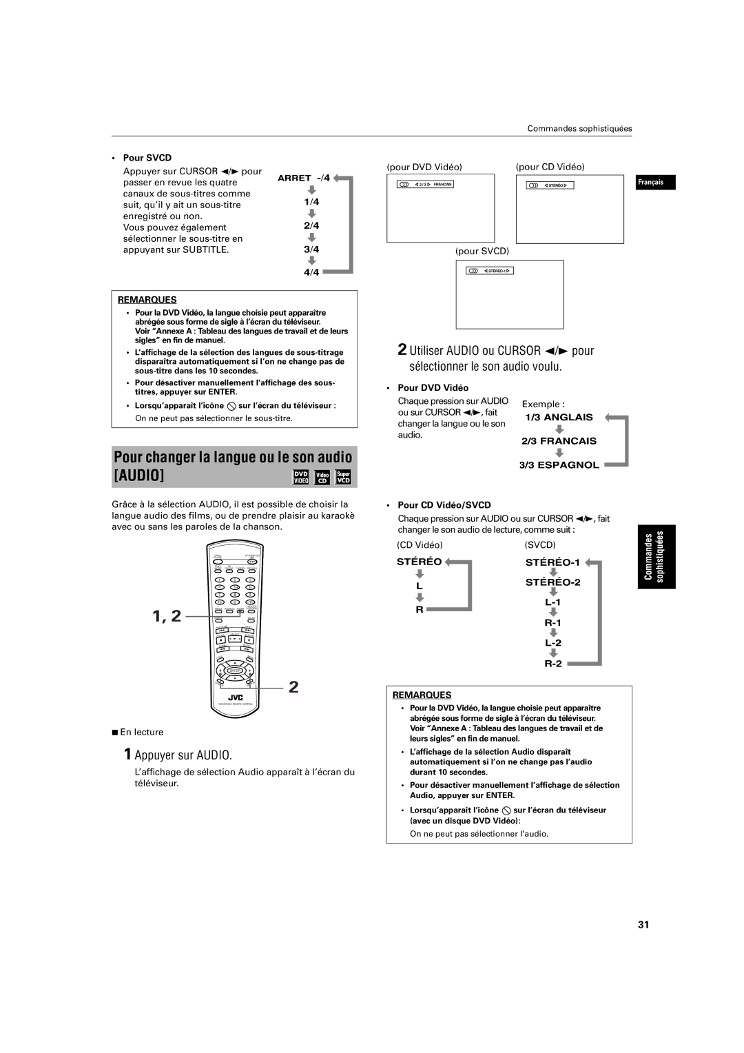 JVC XV-S200BK manual Pour changer la langue ou le son audio Audio, Appuyer sur Audio, Pour DVD Vidéo Pour CD Vidéo 