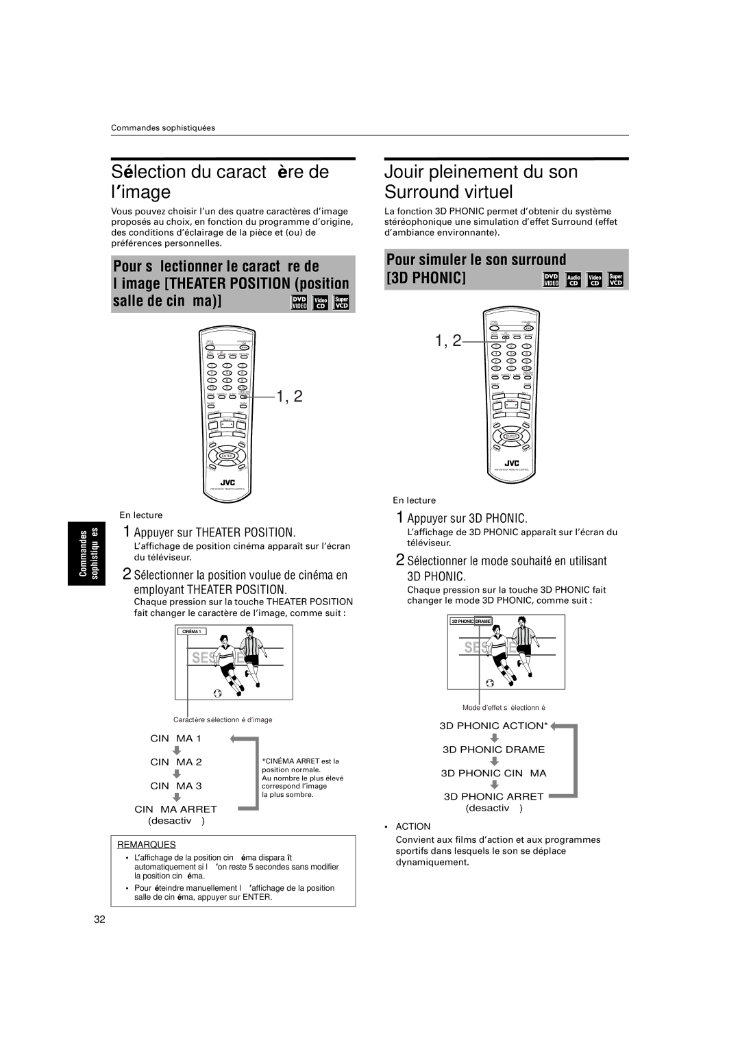 JVC XV-S200BK manual Sélection du caractère de l’image, Appuyer sur Theater Position, Employant Theater Position, Action 