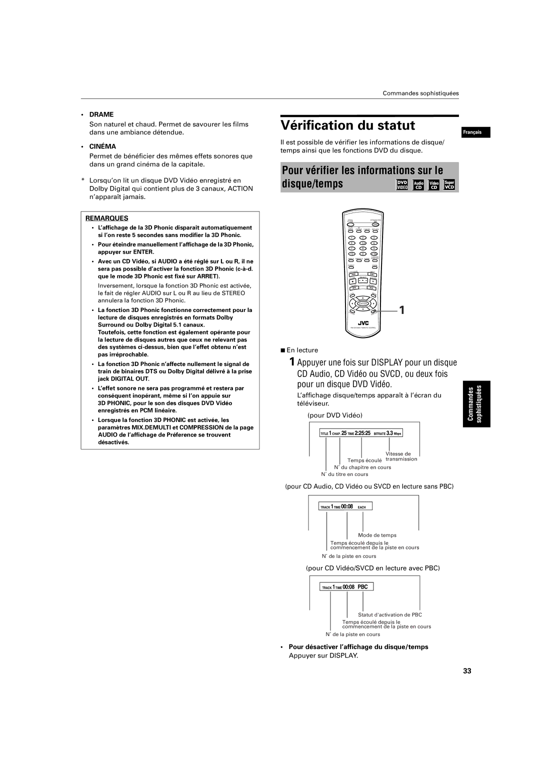 JVC XV-S200BK manual Vérification du statut, Pour vérifier les informations sur le disque/temps, Drame, Cinéma 