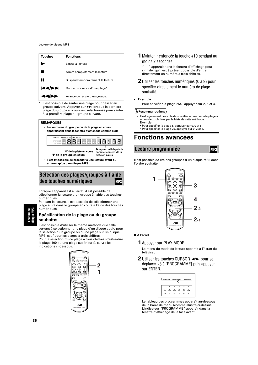 JVC XV-S200BK Fonctions avancées, Lecture programmée, Spécification de la plage ou du groupe souhaité, Touches Fonctions 