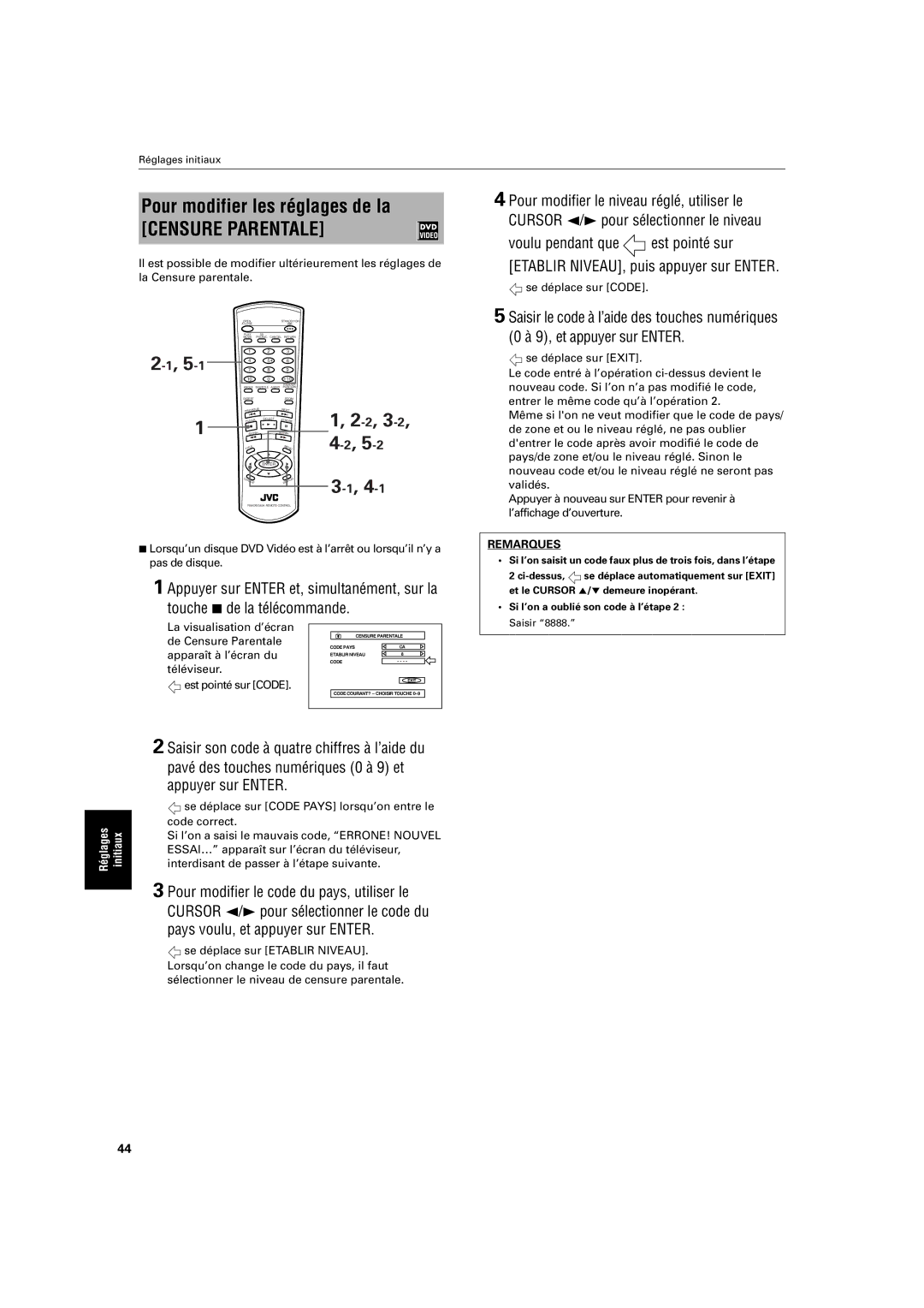 JVC XV-S200BK manual Pour modifier les réglages de la, De Censure Parentale, Apparaît à l’écran du 