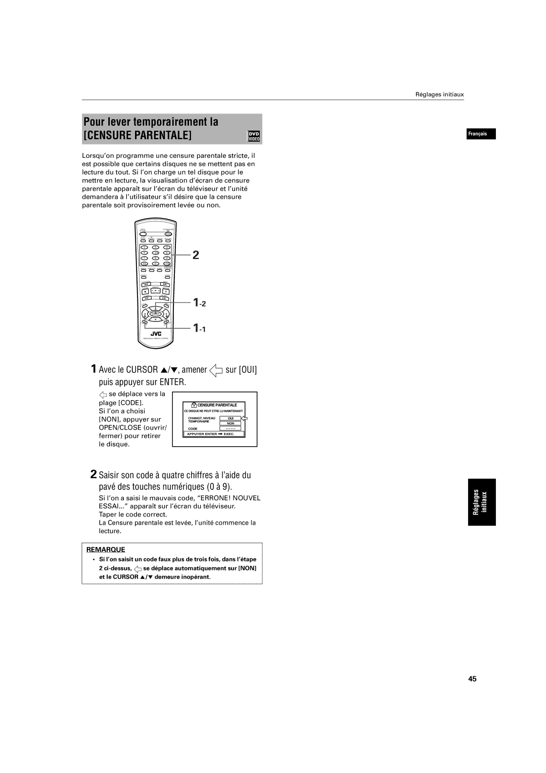 JVC XV-S200BK manual Pour lever temporairement la, Avec le Cursor 5/∞, amener sur OUI puis appuyer sur Enter 