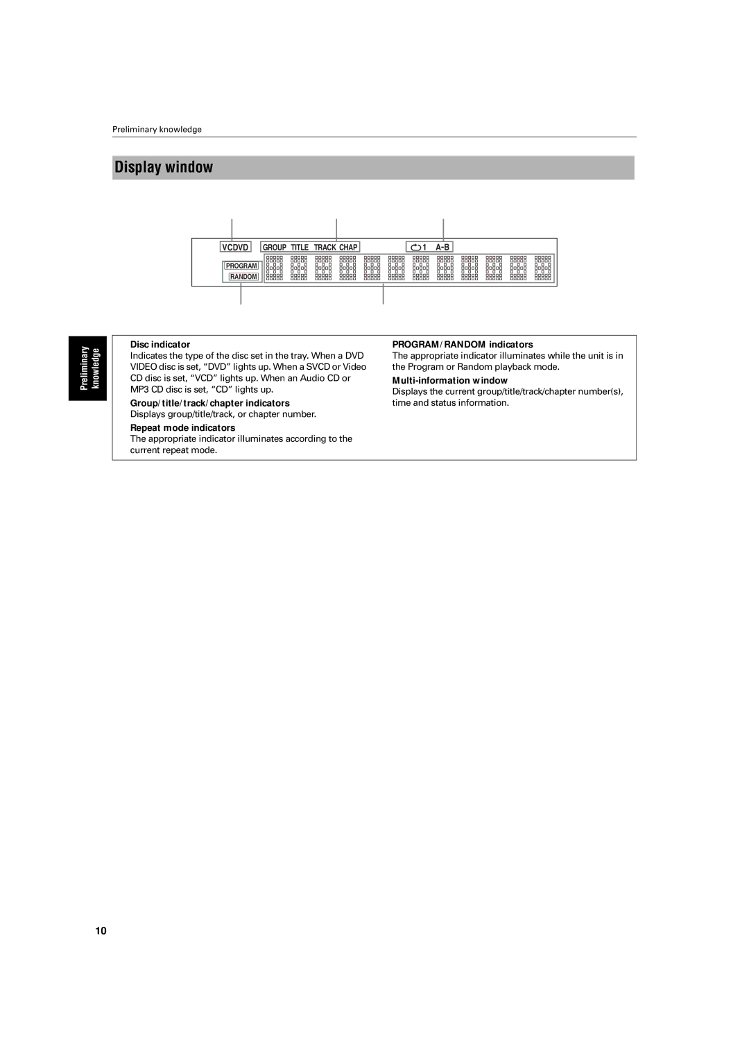 JVC XV-S300BK manual Display window, Disc indicator, PROGRAM/RANDOM indicators, Multi-information window 