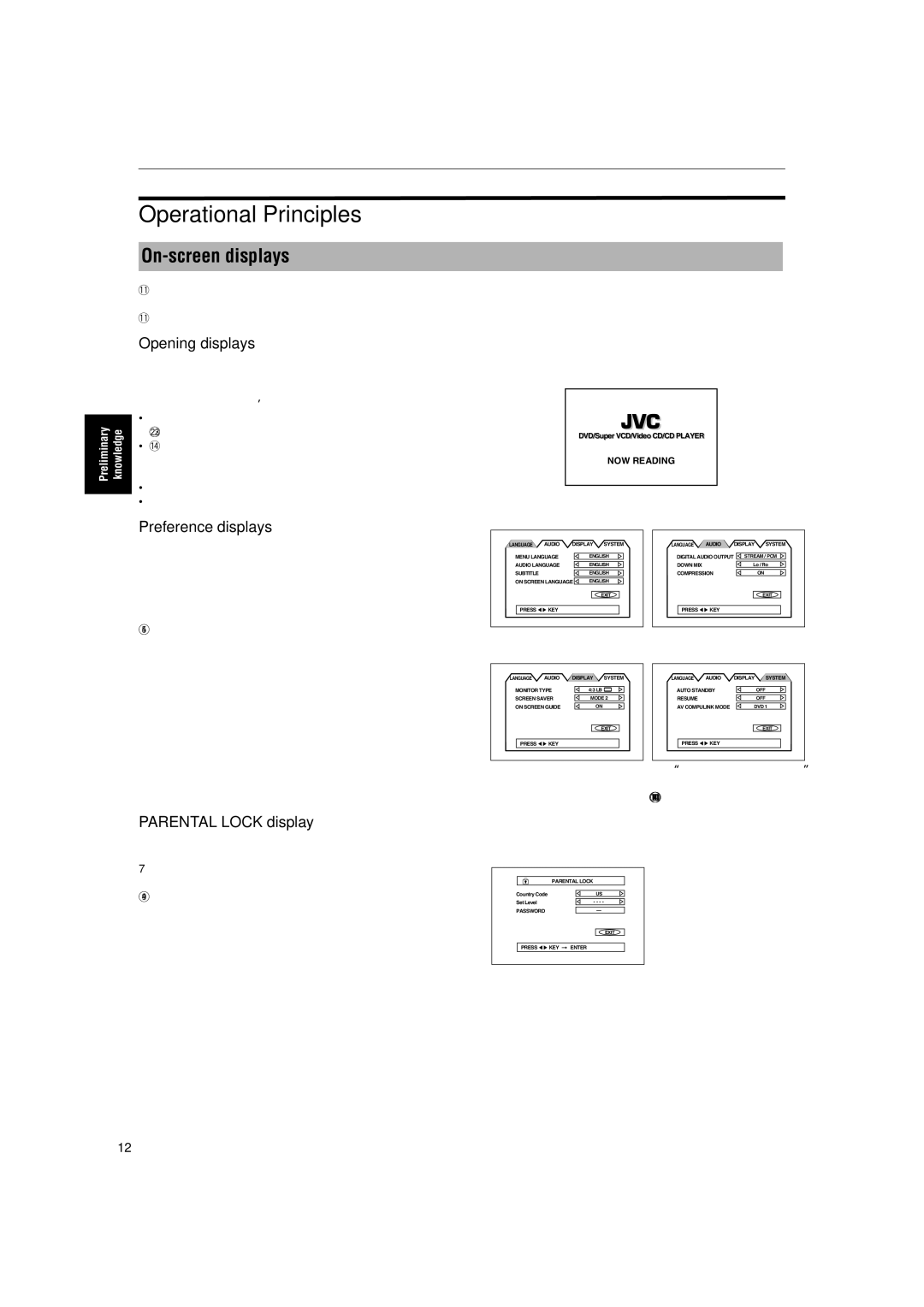 JVC XV-S300BK Operational Principles, On-screen displays, Opening displays, Preference displays, Parental Lock display 
