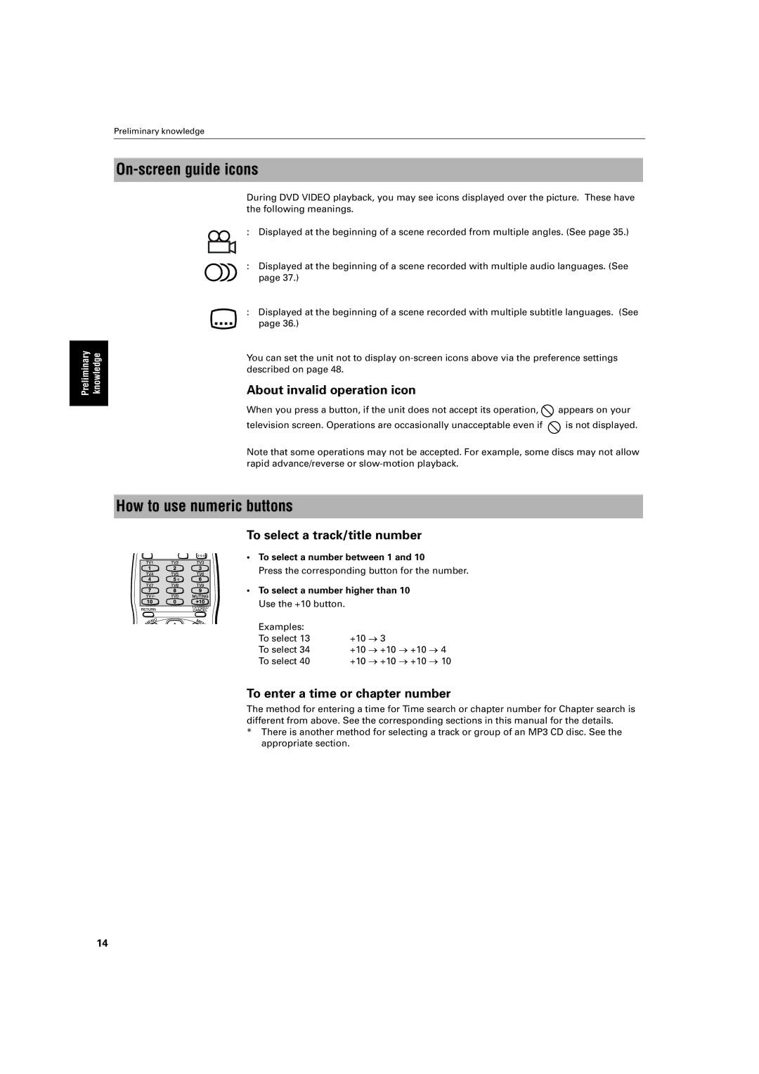 JVC XV-S300BK manual On-screen guide icons, How to use numeric buttons, About invalid operation icon 