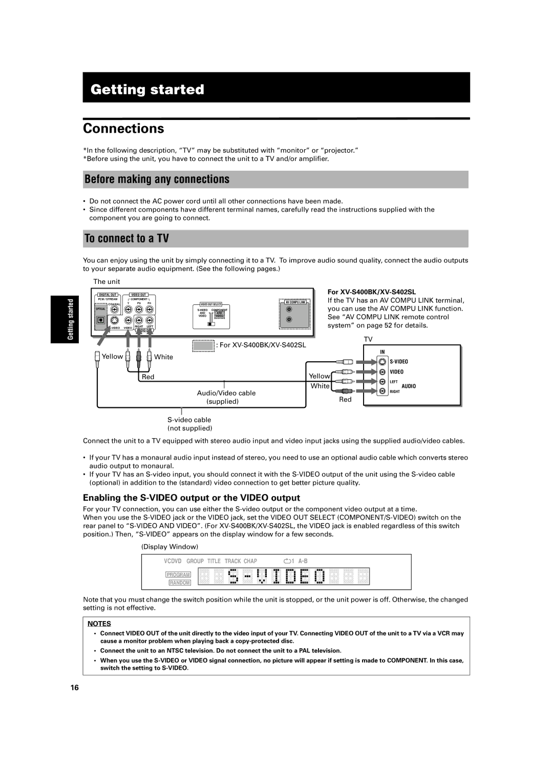 JVC XV-S300BK manual Getting started, Connections, Before making any connections, To connect to a TV 