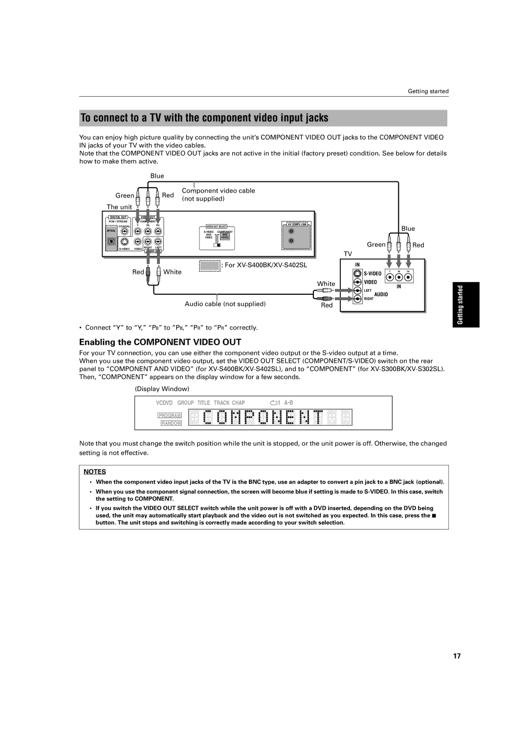 JVC XV-S400BK, XV-S402SL, XV-S300BK, XV-S302SL manual To connect to a TV with the component video input jacks 