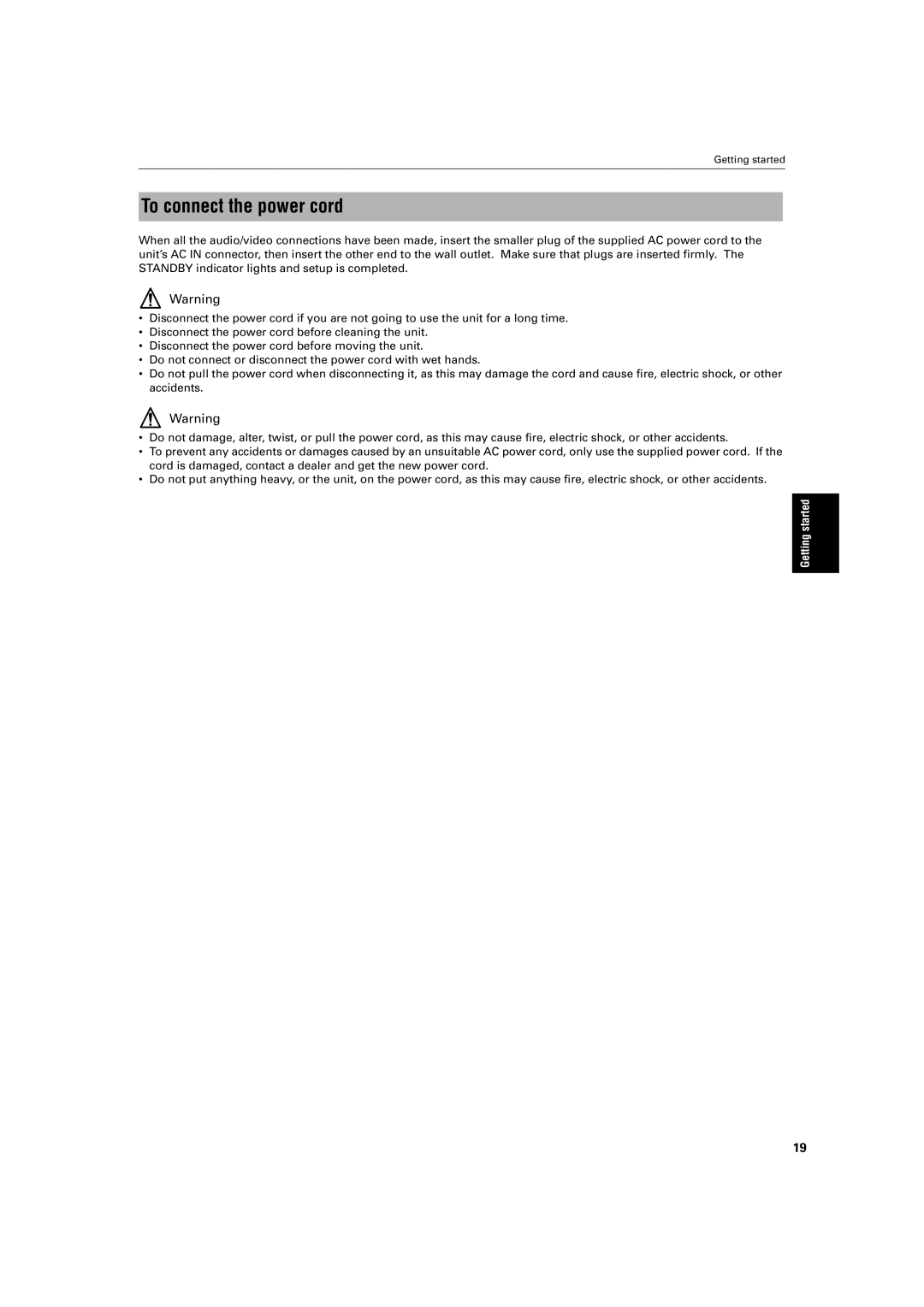 JVC XV-S400BK, XV-S402SL, XV-S300BK, XV-S302SL manual To connect the power cord 