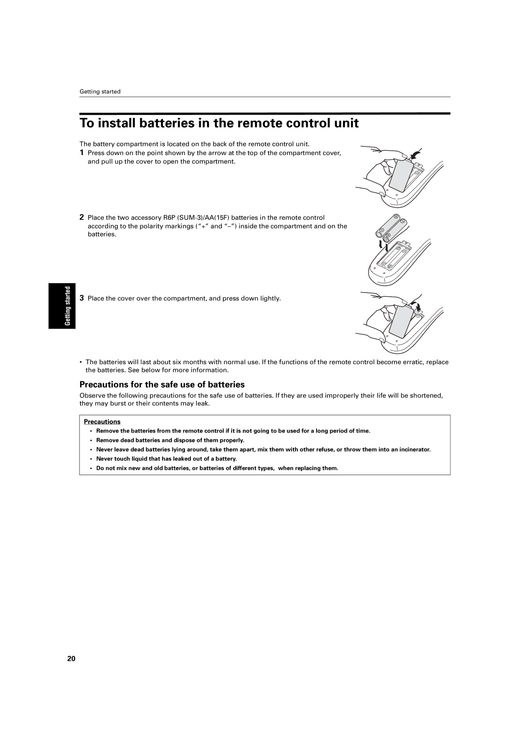 JVC XV-S300BK manual To install batteries in the remote control unit, Precautions for the safe use of batteries 