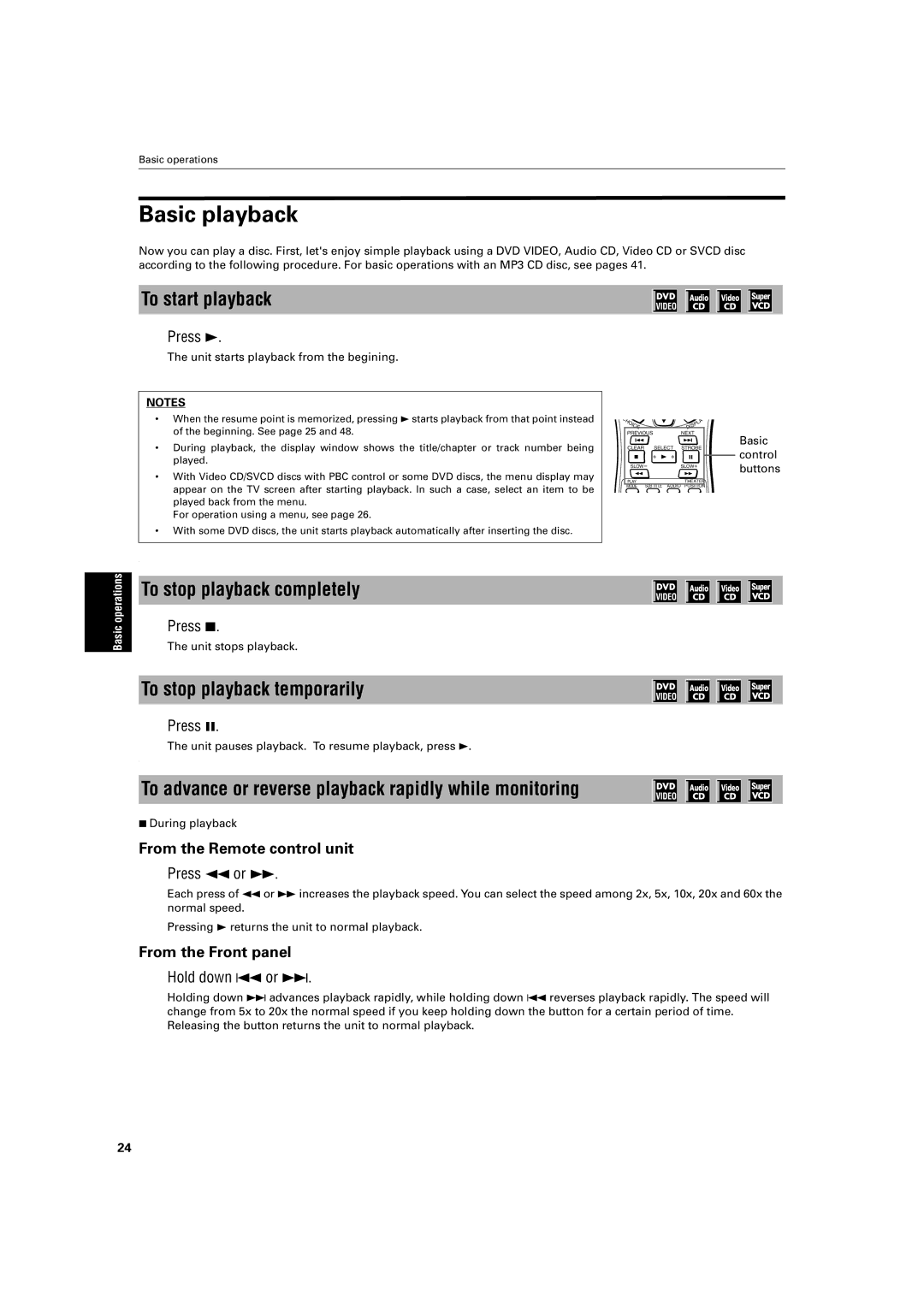 JVC XV-S300BK manual Basic playback, To start playback, To stop playback completely, To stop playback temporarily 