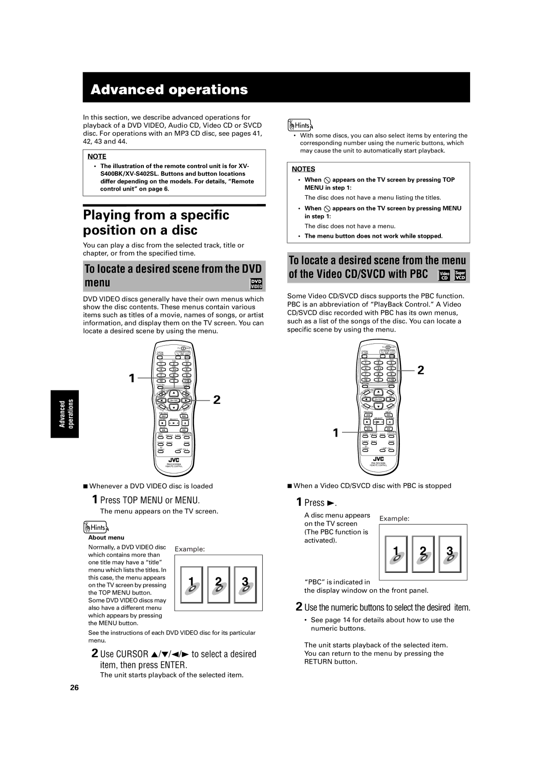 JVC XV-S300BK Advanced operations, Playing from a specific position on a disc, To locate a desired scene from the DVD menu 