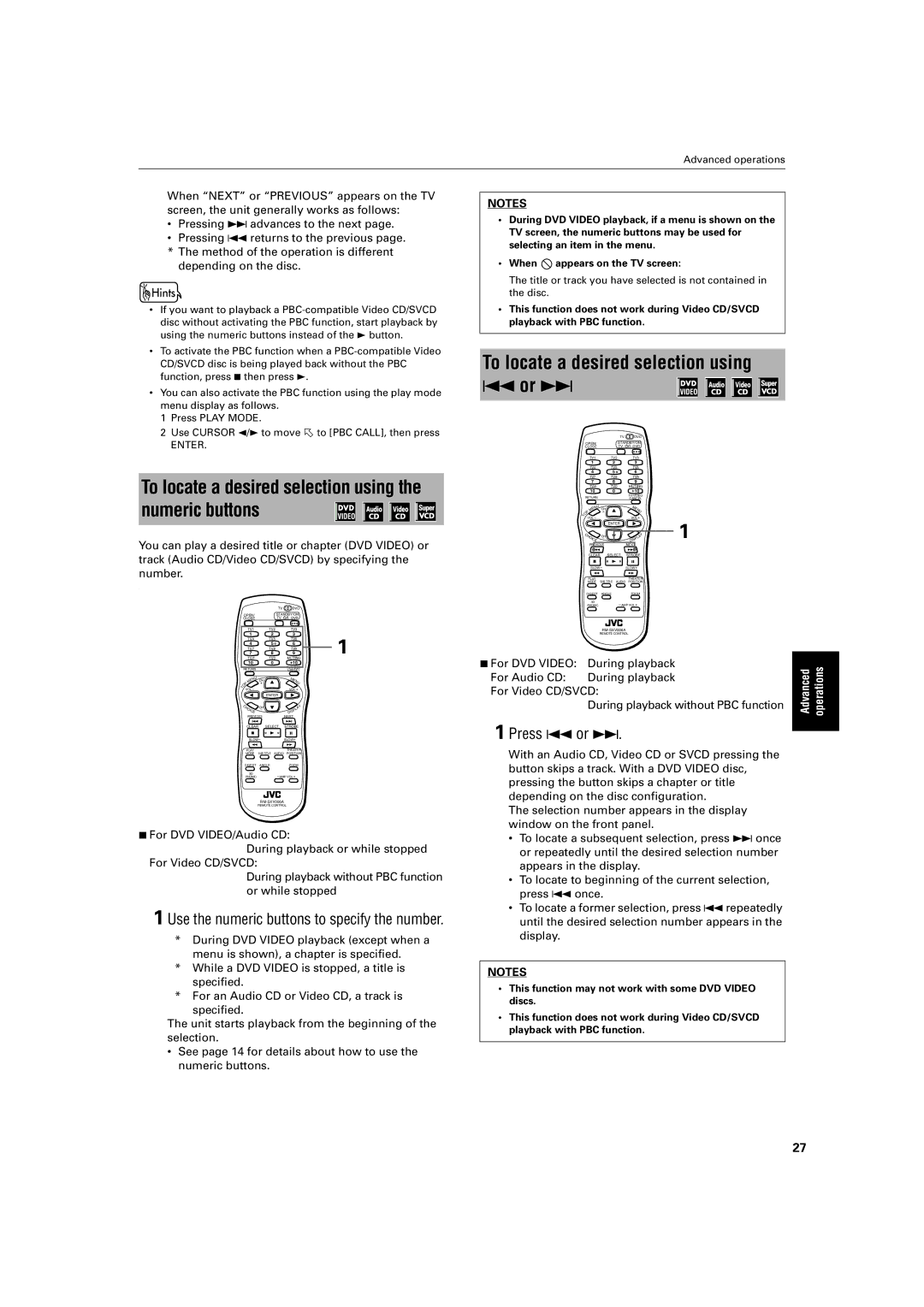 JVC XV-S400BK, XV-S402SL, XV-S300BK, XV-S302SL To locate a desired selection using 4 or ¢, For DVD Video During playback 